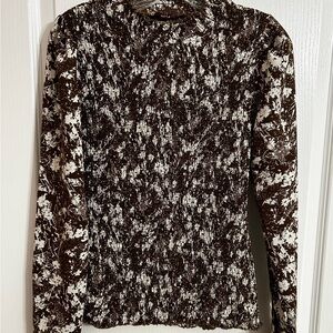 Smocked Long Sleeve Floral Top - Brown/White with puff sleeves